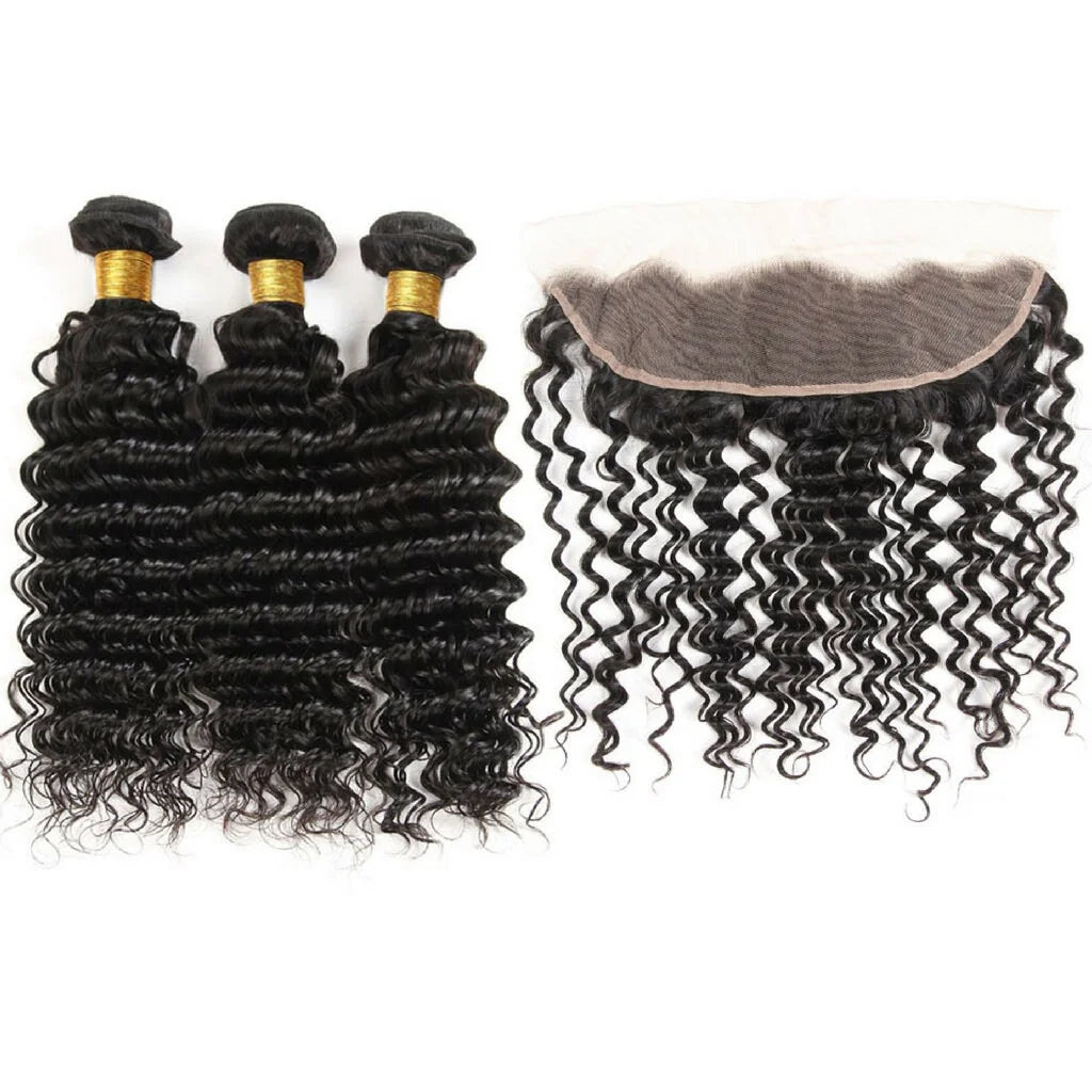 Brazilian Water Deep Wave Bundles with Frontal Natural Black Bundles Raw Hair Weaving 3 Bundles with Closure 4x4 For Extensions