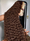 Chocolate Brown #4 Colored 13x4 Lace Front Wigs Deep Wave Human Hair 28 30 Inch Transparent Lace Frontal Wigs Curly Pre Plucked
