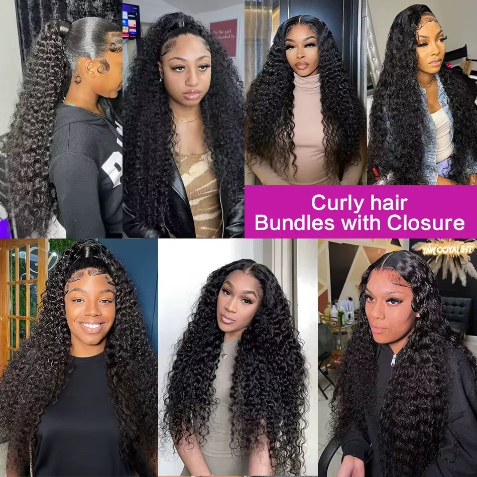 Brazilian Water Deep Wave Bundles with Frontal Natural Black Bundles Raw Hair Weaving 3 Bundles with Closure 4x4 For Extensions