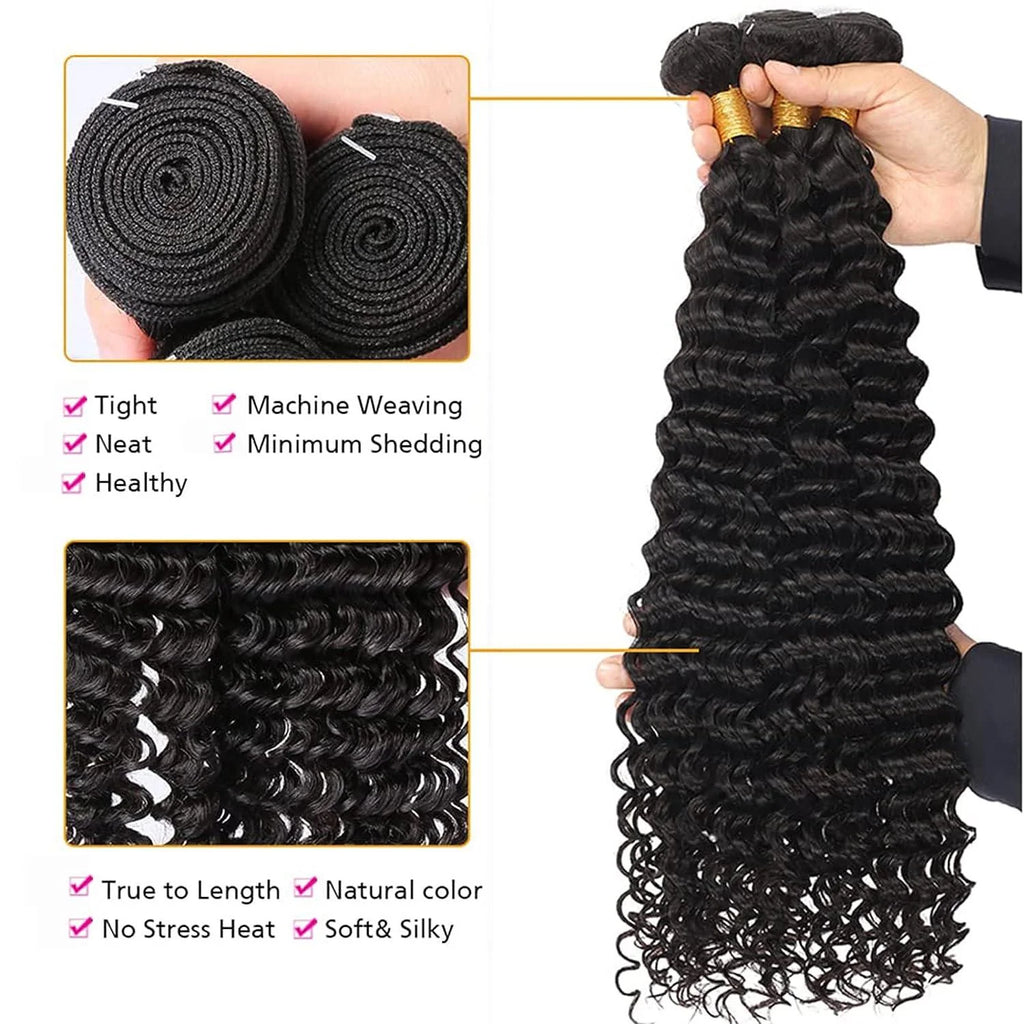 Brazilian Water Deep Wave Bundles with Frontal Natural Black Bundles Raw Hair Weaving 3 Bundles with Closure 4x4 For Extensions