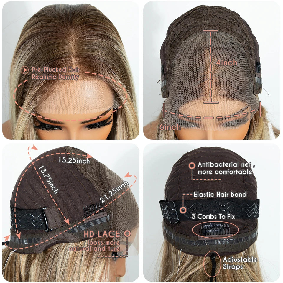 FREEDOM Synthetic Lace Front Wigs For Black Women 6X4 Pre-plucked Lace Wig 18" Bob Ombre Brown Highlight Blonde Daily Use Wig