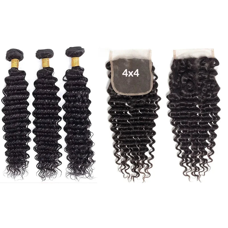 Brazilian Water Deep Wave Bundles with Frontal Natural Black Bundles Raw Hair Weaving 3 Bundles with Closure 4x4 For Extensions
