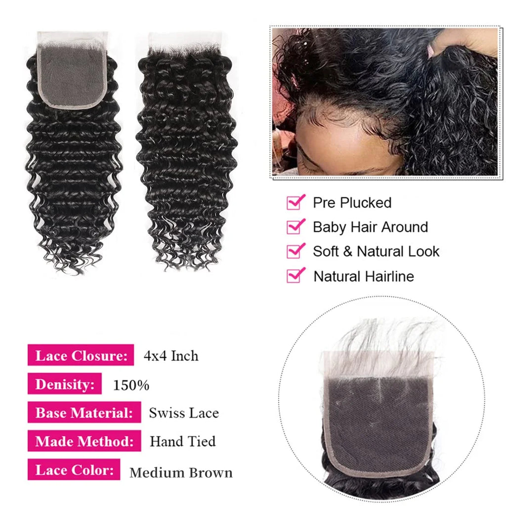 Brazilian Water Deep Wave Bundles with Frontal Natural Black Bundles Raw Hair Weaving 3 Bundles with Closure 4x4 For Extensions