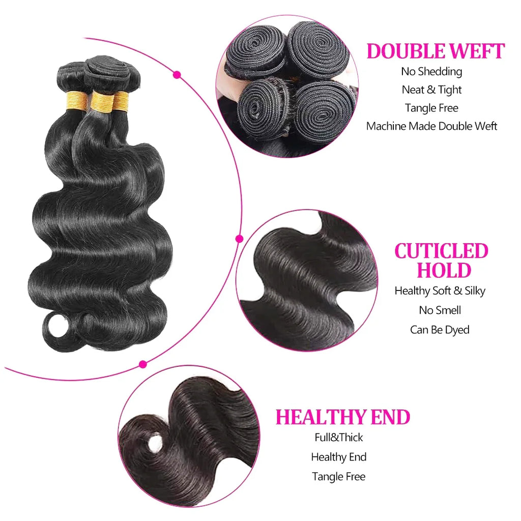 32 Inch Raw 100% Human Hair Bundles with Frontal Body Wave Human Hair Natural Black Raw Hair Bundles and Frontal For Extensions