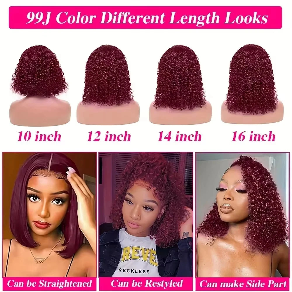 Burgundy Short Bob Wigs Deep Wave 13X4 HD Lace Frontal Wig 99J Water Curly 100% Human Hair Wigs 200% for Women 14 16 Inches