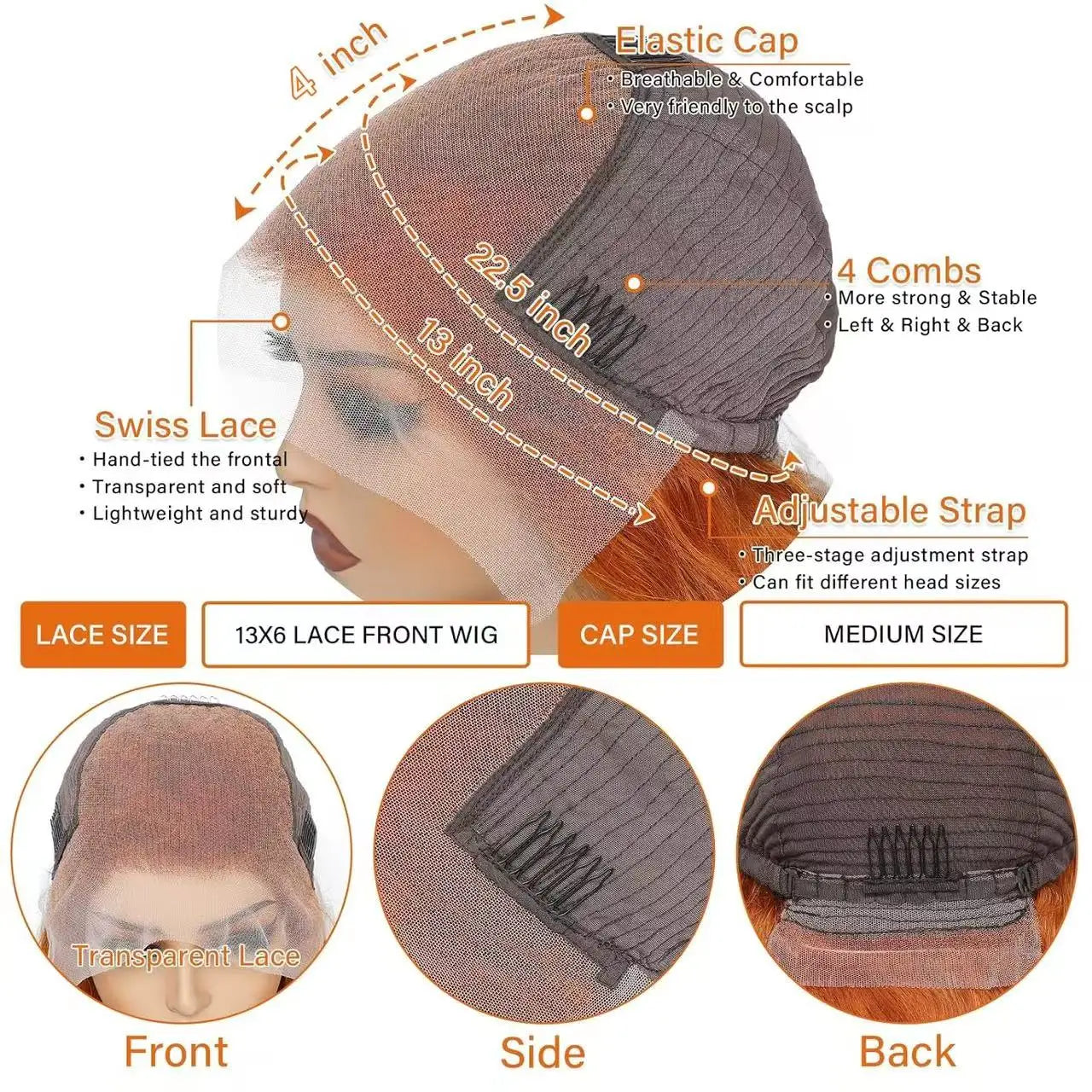 #350 Ginger 13x4 Transparent HD Lace Front Human Hair Wigs Deep Wave Curly Hair Colored Short Bob Wigs for Black Women