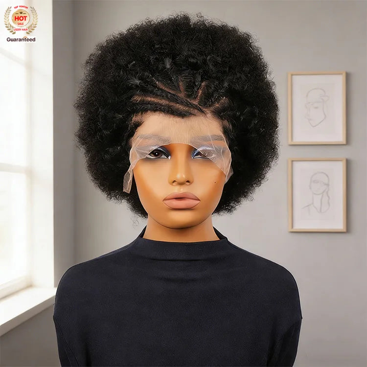 Indian Short Bob Wig Afro Bouncy Curly Triangle Knotless Box Braided Wigs for Women Half Braided 13X4 Lace Front Human Hair Wigs