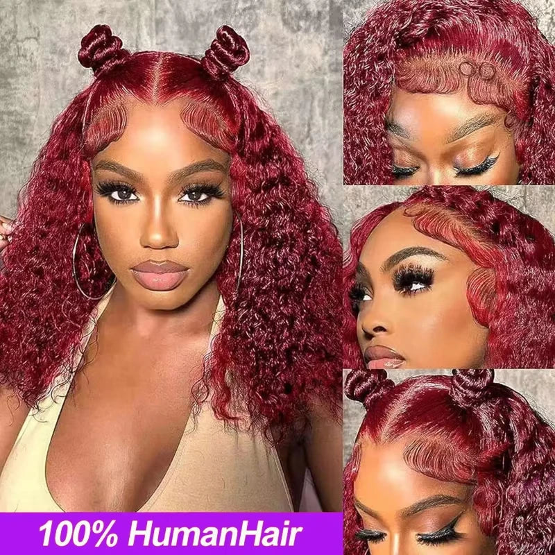 Burgundy Short Bob Wigs Deep Wave 13X4 HD Lace Frontal Wig 99J Water Curly 100% Human Hair Wigs 200% for Women 14 16 Inches