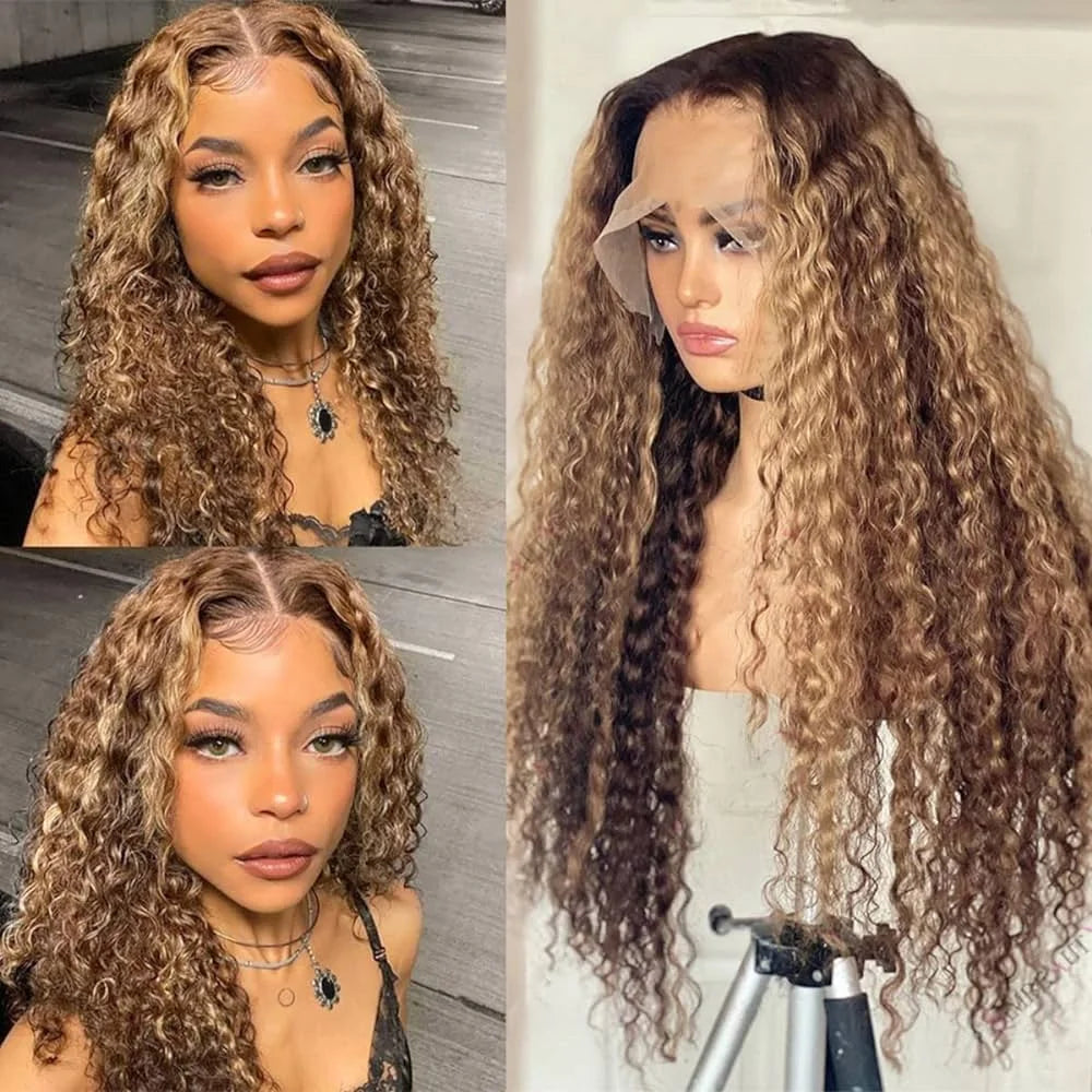 13x4 Hd Lace Water Deep Wave Frontal Wig Highlight Honey Brown Glueless Curly Human Hair Wigs Colored Bob for Women 30 Inch