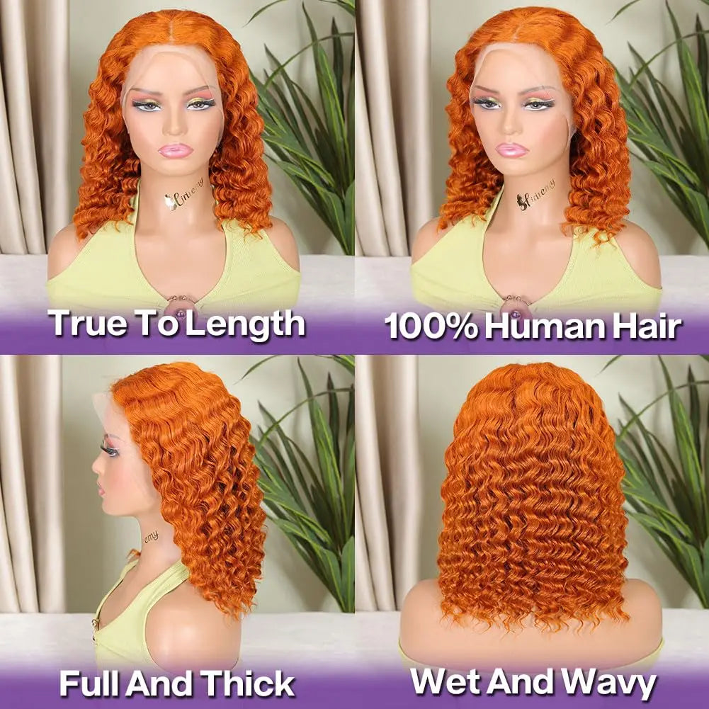 #350 Ginger 13x4 Transparent HD Lace Front Human Hair Wigs Deep Wave Curly Hair Colored Short Bob Wigs for Black Women