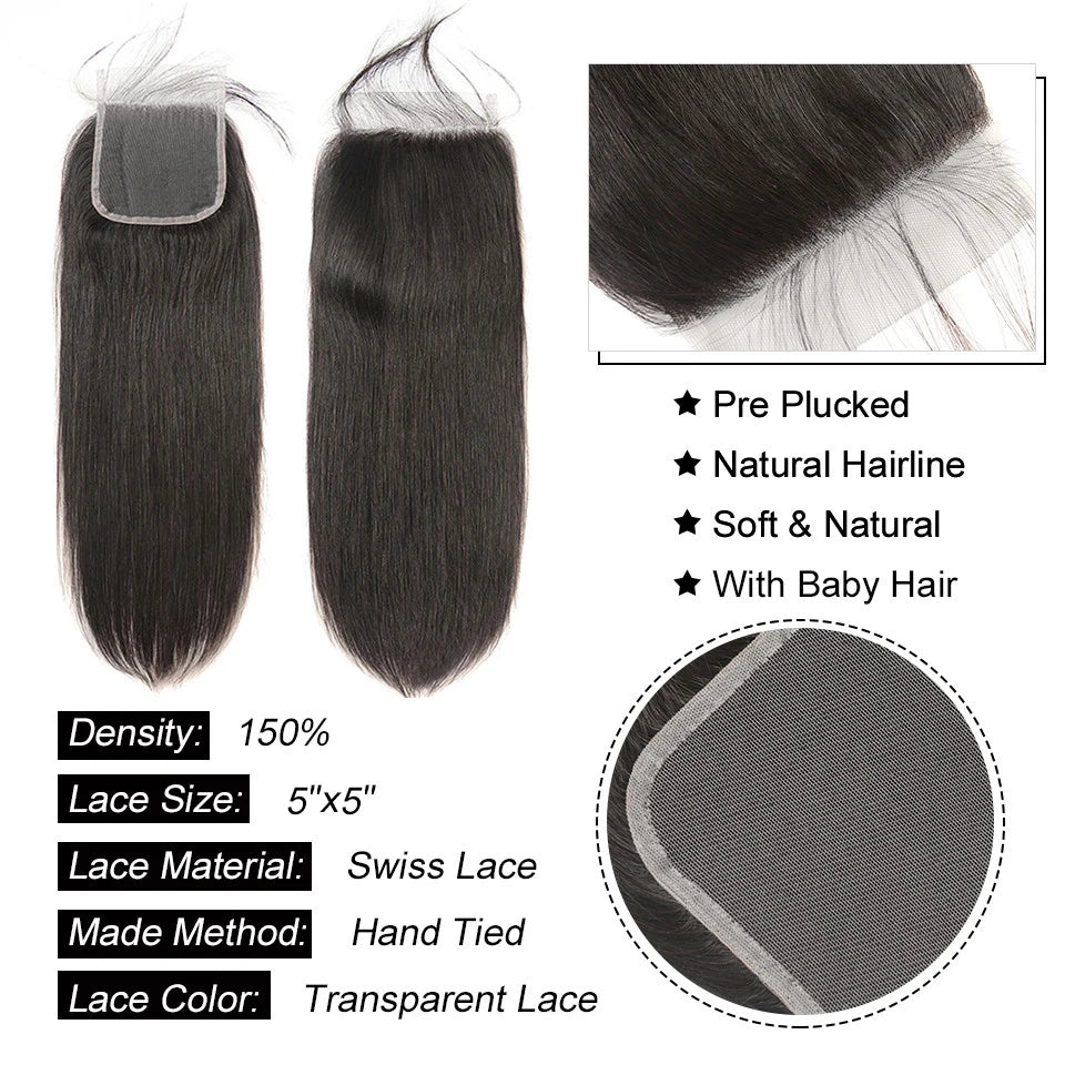 AliPearl Hair Straight 3 Bundles With 5x5 Closure Transparent Lace Closure Bundles With Closure Brazilian Human Hair