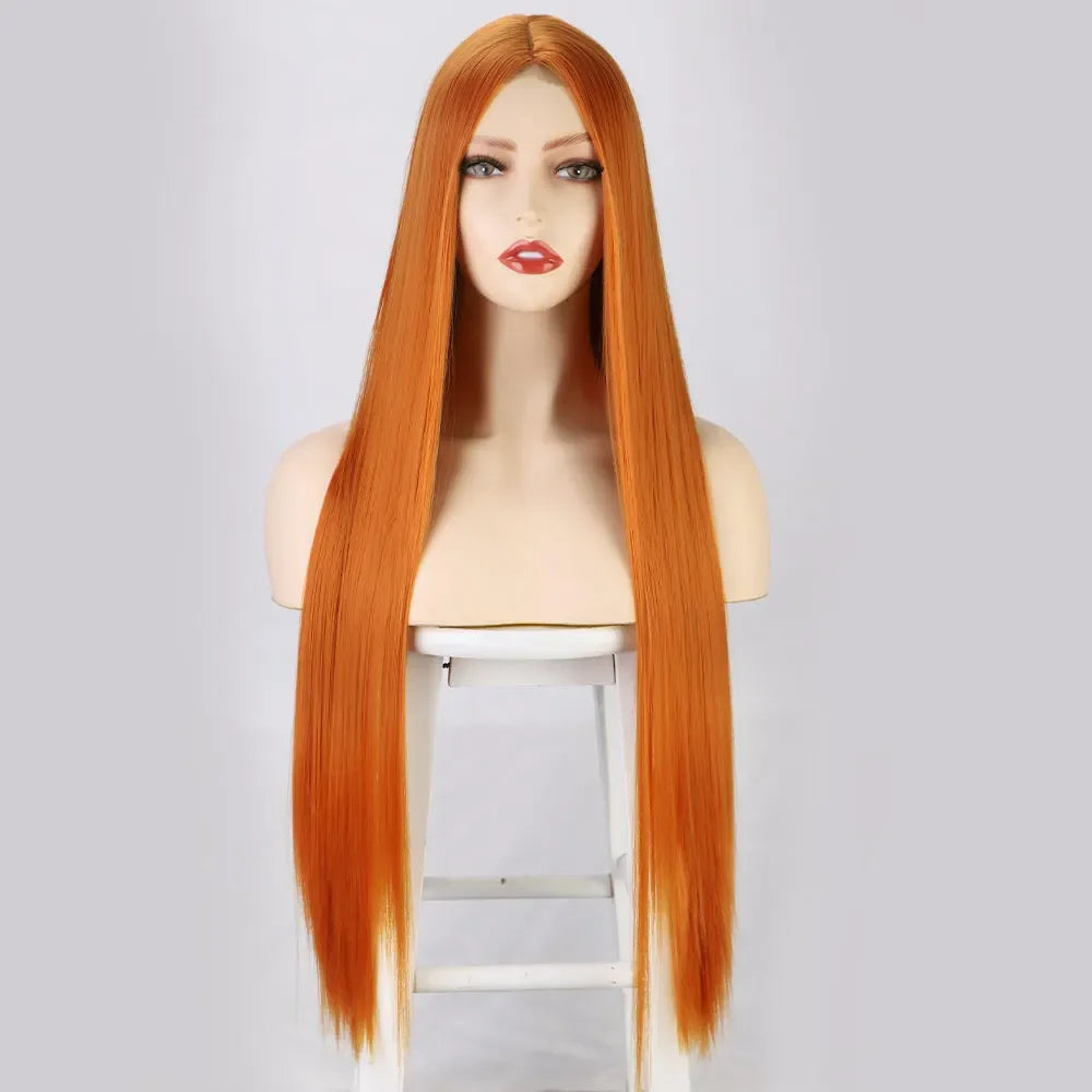 Long Synthetic Straight Wig 32 Inch White Middle Part Wigs for Women Cosplay Blonde Ginger Heat Resistant Fiber Hair Wig