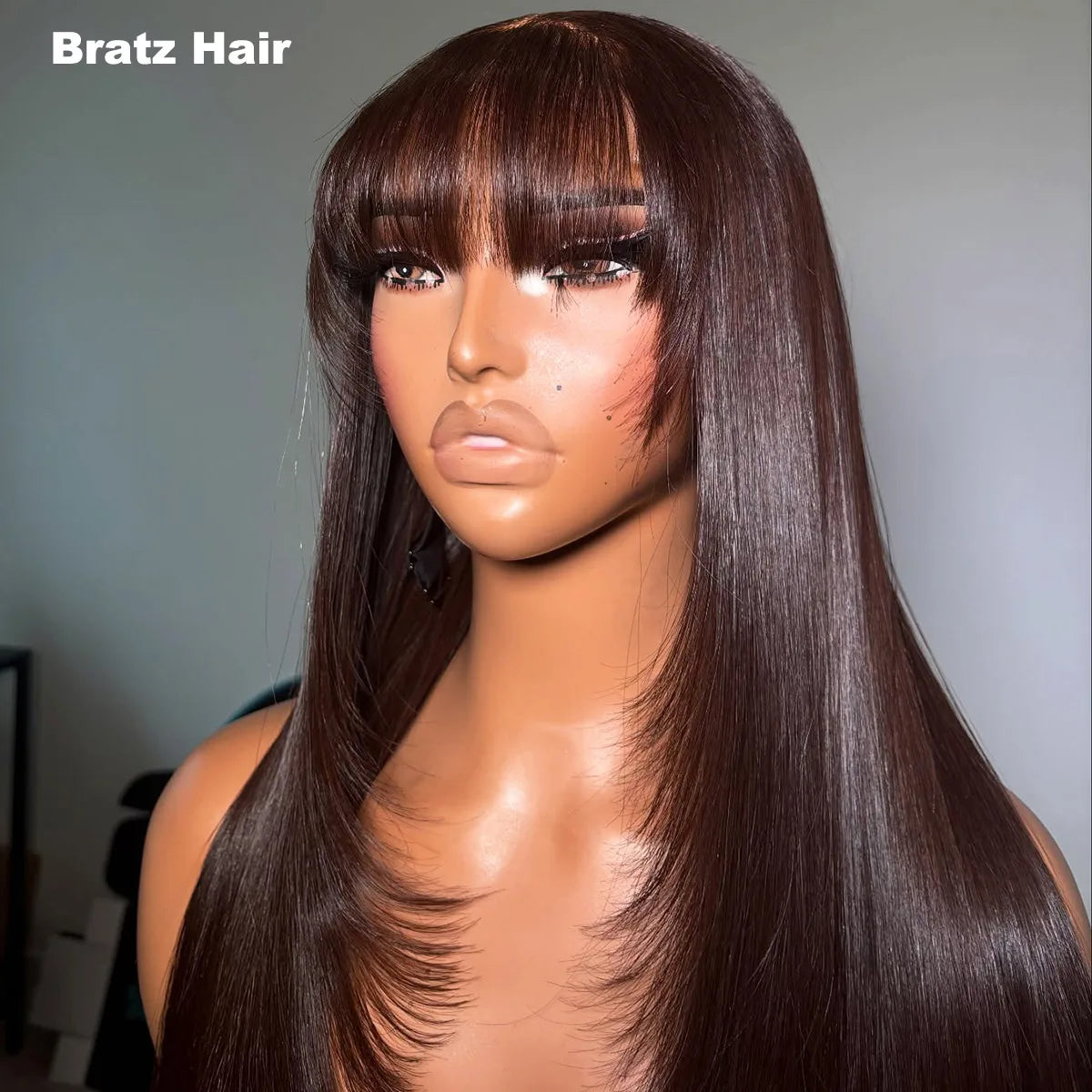 Layered Cut Chocolate Brown 4x4 5x5 Lace Closure Straight Fringe Wigs Human Hair 13x6 13x4 Lace Front Glueless Wigs with Bangs