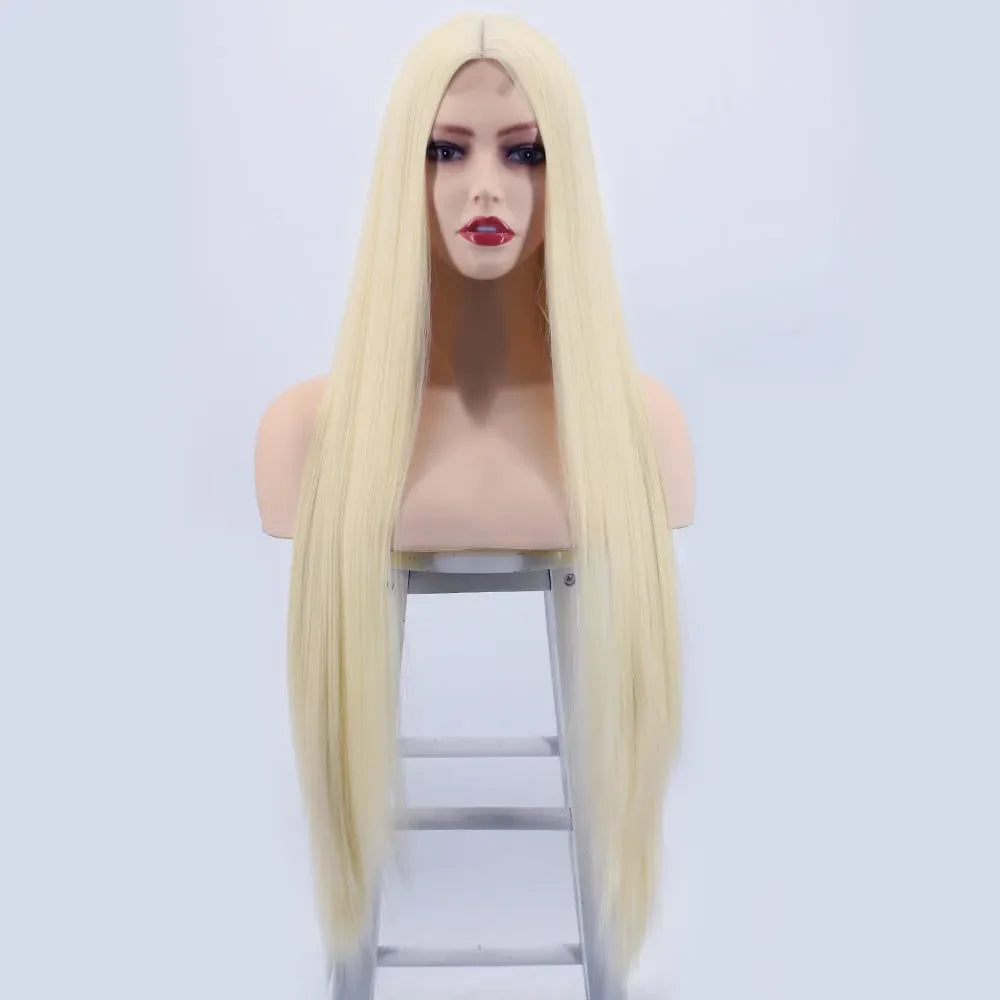 Long Synthetic Straight Wig 32 Inch White Middle Part Wigs for Women Cosplay Blonde Ginger Heat Resistant Fiber Hair Wig