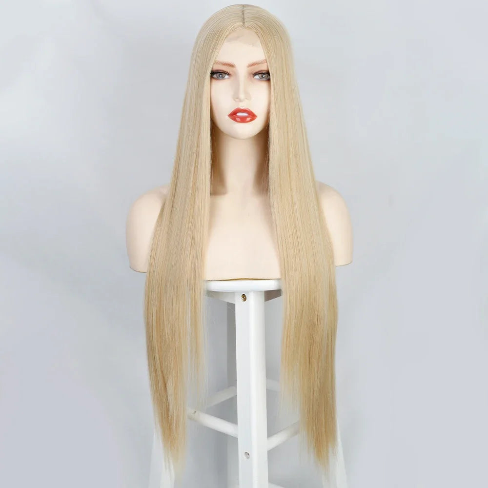 Long Synthetic Straight Wig 32 Inch White Middle Part Wigs for Women Cosplay Blonde Ginger Heat Resistant Fiber Hair Wig
