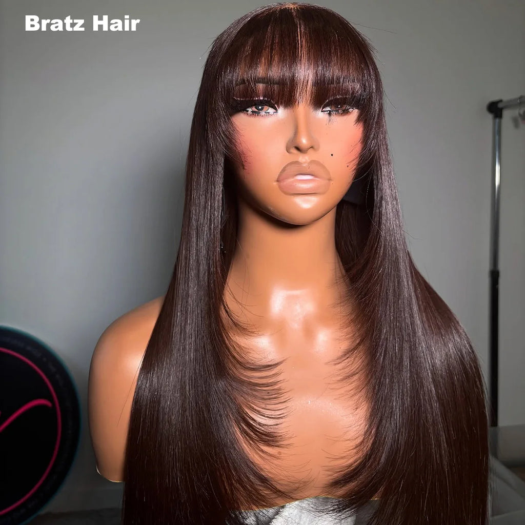 Layered Cut Chocolate Brown 4x4 5x5 Lace Closure Straight Fringe Wigs Human Hair 13x6 13x4 Lace Front Glueless Wigs with Bangs