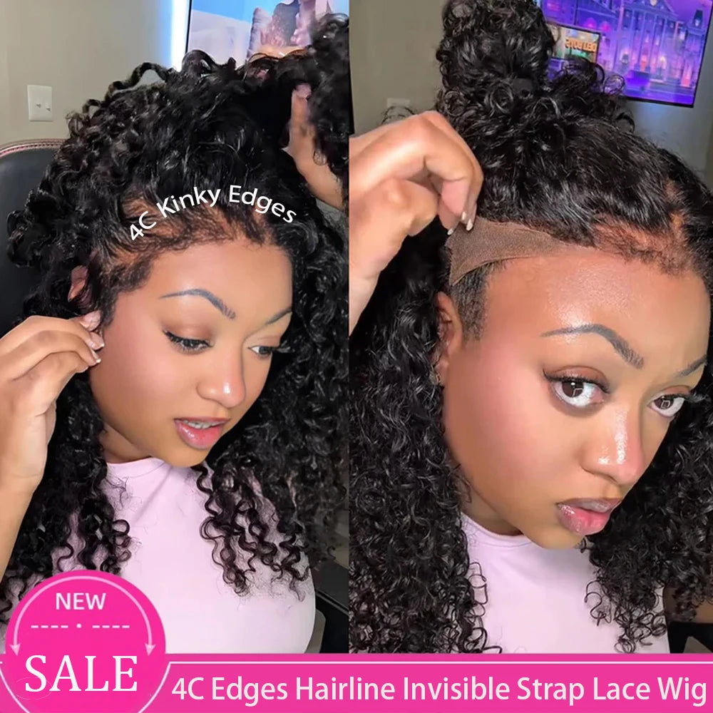 4C Kinky Edges Invisible Strap 360 HD Lace Wigs Human Hair Deep Curly 360 Full Lace Frontal Glueless Wigs with Curly Baby Hair