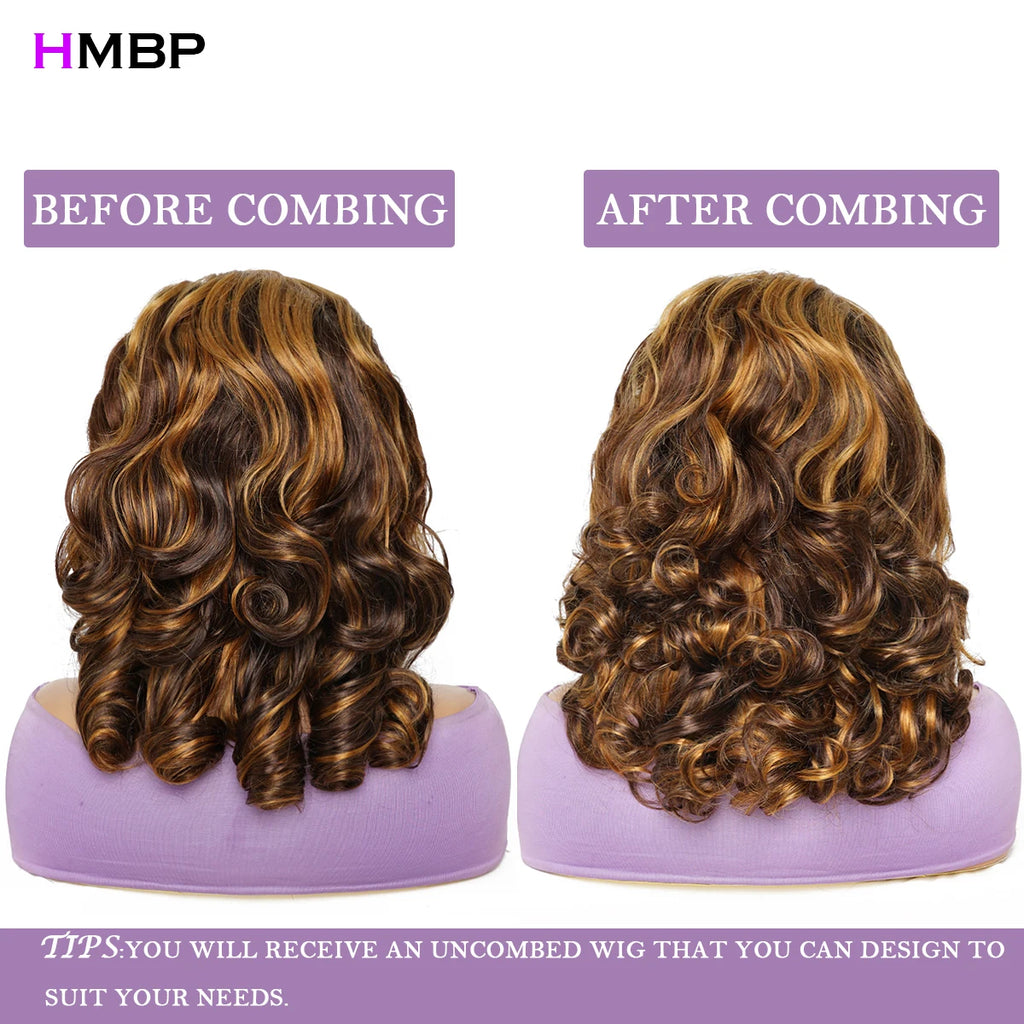 400 Density Bouncy Curl Highlight Wig Human Hair 13x6 Hd Lace Frontal Wig Preplucked Brazilian  HD Transparent Wigs For Women