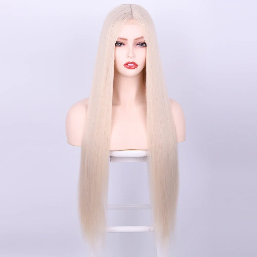 Long Synthetic Straight Wig 32 Inch White Middle Part Wigs for Women Cosplay Blonde Ginger Heat Resistant Fiber Hair Wig