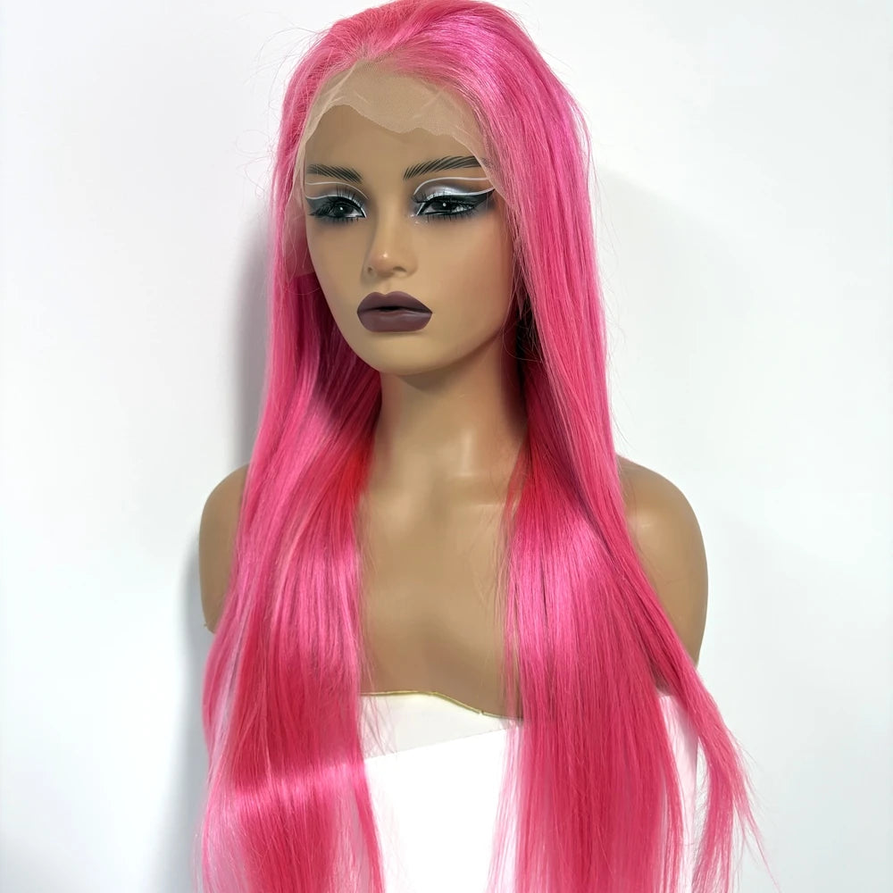 13x4 Lace Frontal Pink Straight Human Hair Wig 26 28inch 250 Density Pre Plucked Red Hair Wig Grey Lace Front Wigs for Women