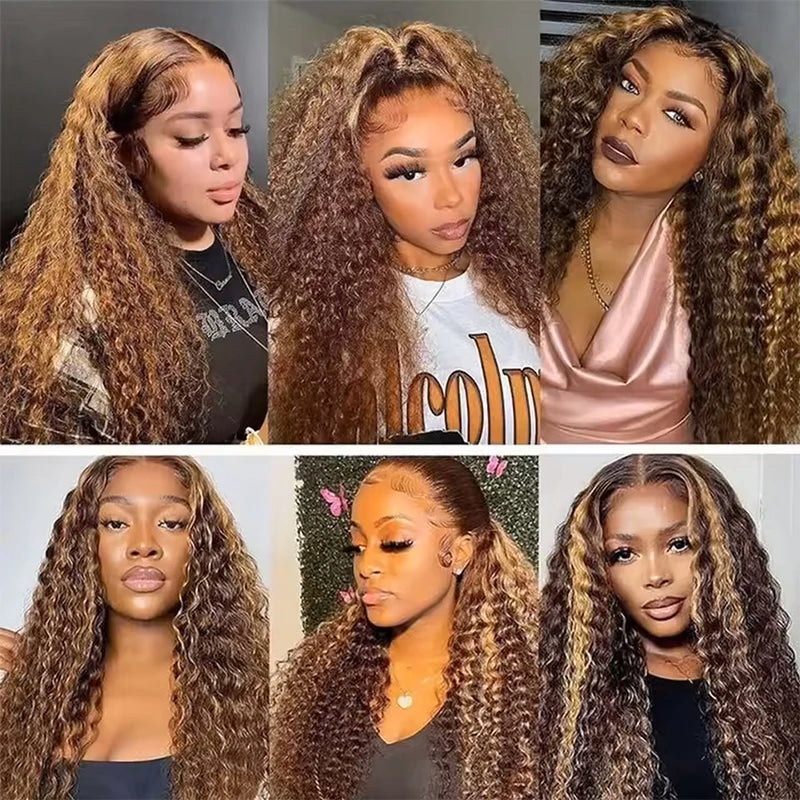 P427 Honey Blonde 360 Full Lace Wig High Light Curly Human Hair Pre-Plucked Deep Wave Glueless Invisible Strap Lace Frontal Wig