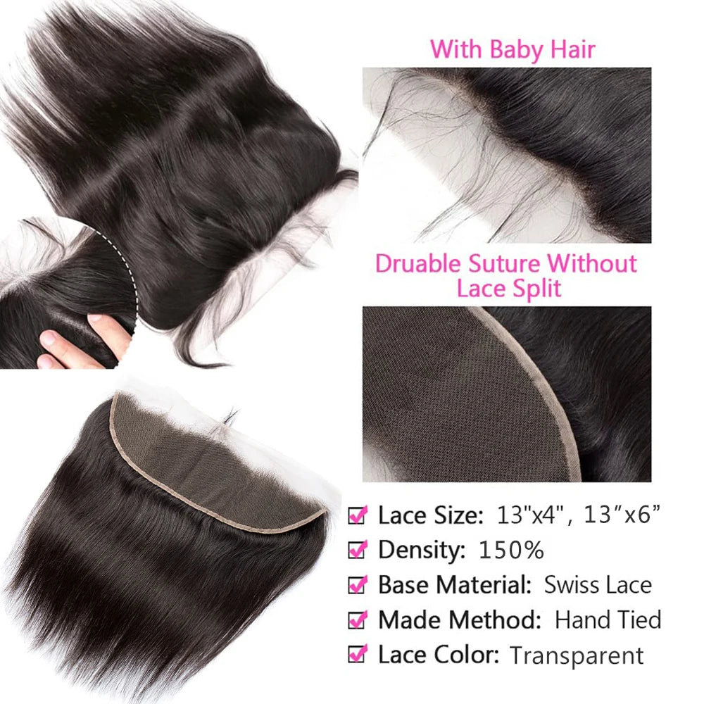 Straight 5x5 Clousre With Bundles Virgin Raw Human Hair Weaving Bundles With 13x6 Frontal Closure Natural Human Hair Extensions