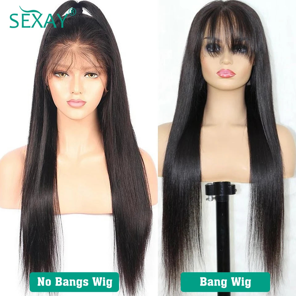 Natural Scalp Lace Front Wig With Bangs 180 Density Sexay Brazilian Straight Human Hair Bang Wigs Pre Plucked Lace Frontal Wigs