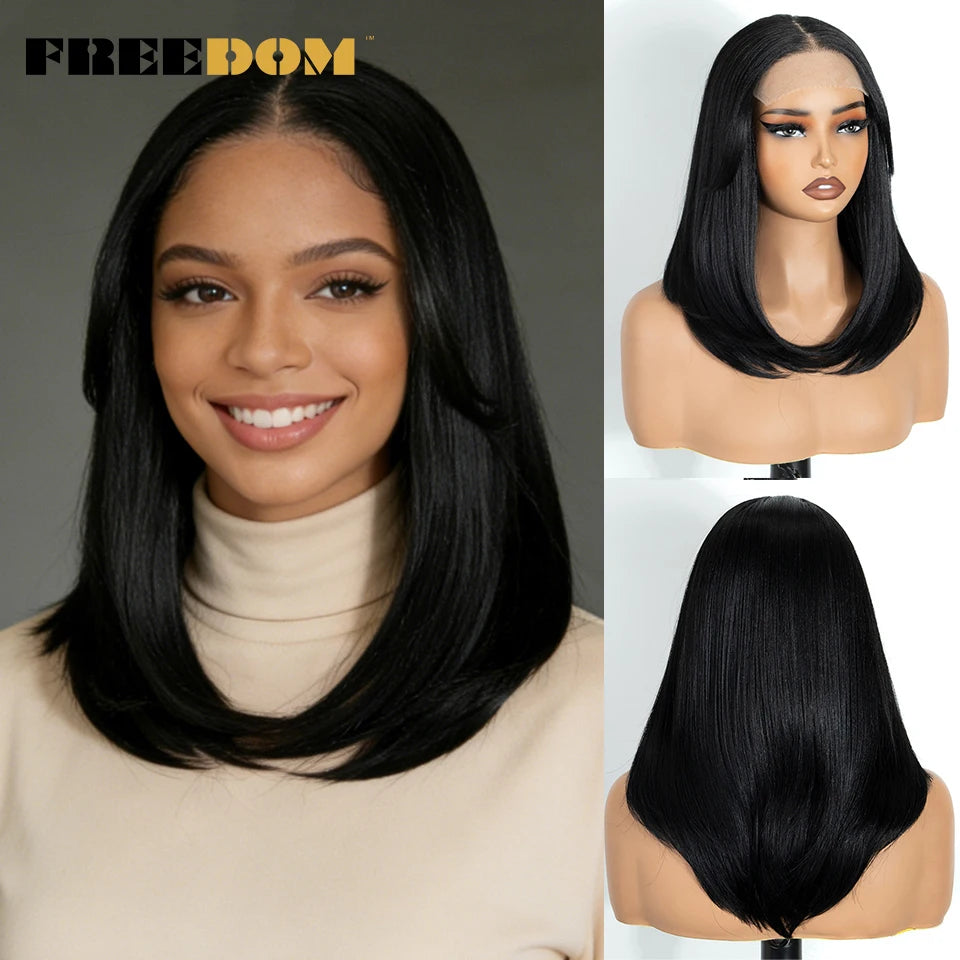FREEDOM Synthetic Lace Front Wigs For Black Women 6X4 Pre-plucked Lace Wig 18" Bob Ombre Brown Highlight Blonde Daily Use Wig