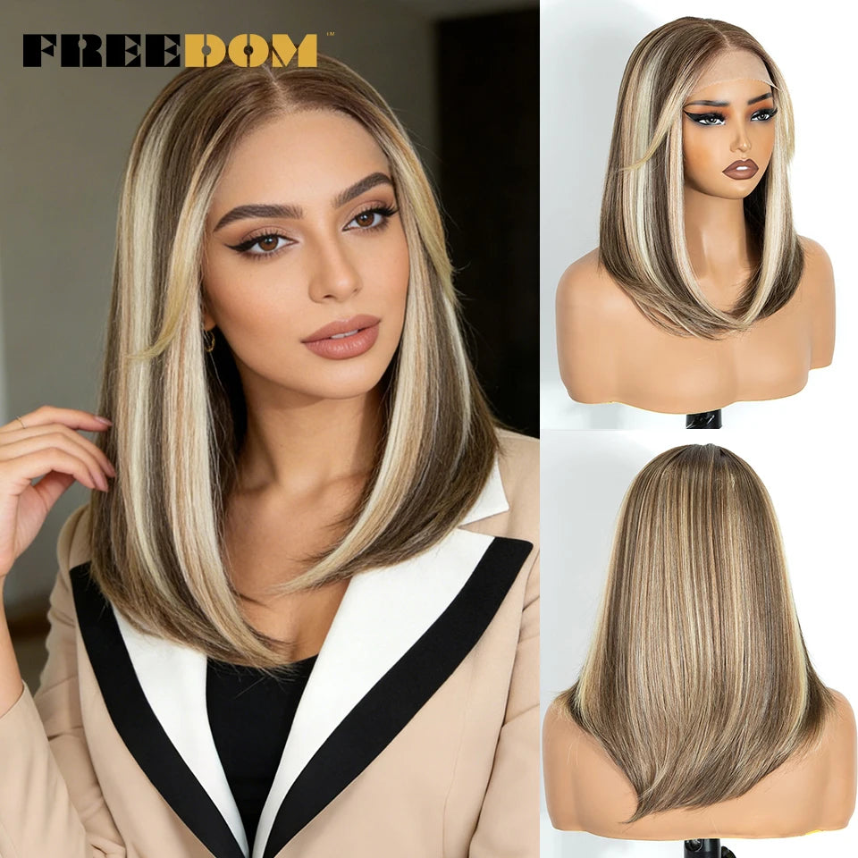 FREEDOM Synthetic Lace Front Wigs For Black Women 6X4 Pre-plucked Lace Wig 18" Bob Ombre Brown Highlight Blonde Daily Use Wig