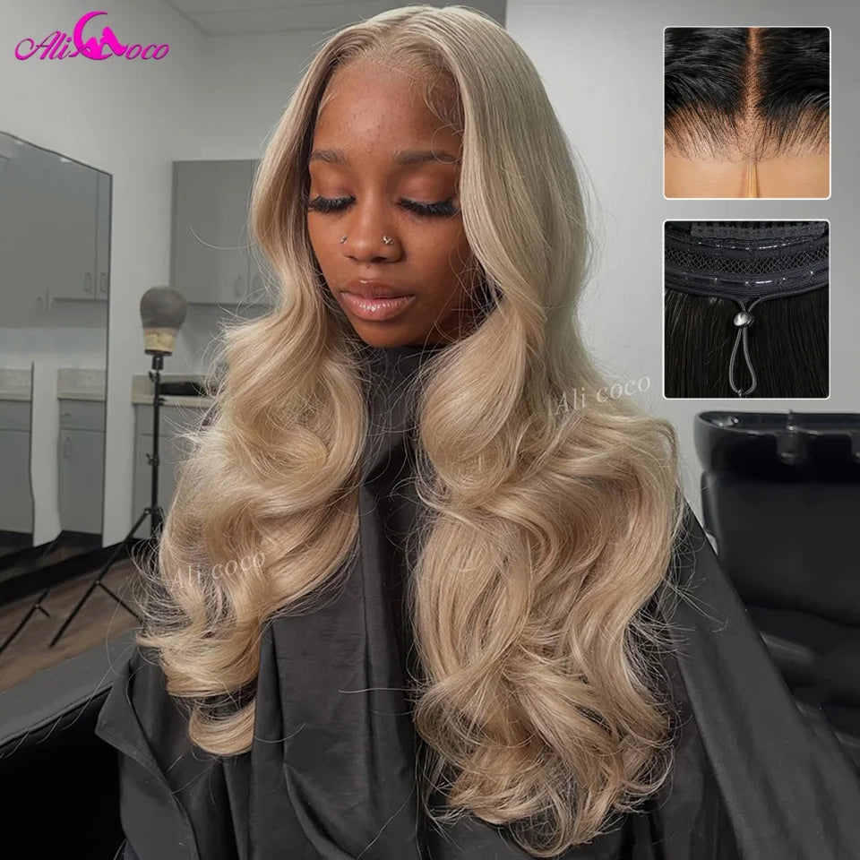 Upgrade Drawstring with Tape Milk Tea Color Ash Blonde 200Density Lace Front Human Hair Invisible HD 5X5 Glueless Wigs Body Wave