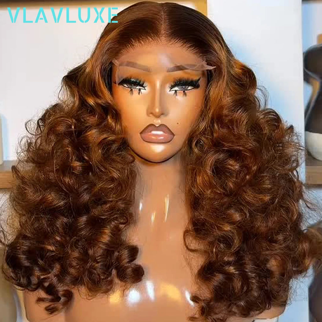 Bouncy Curly Glueless Honey Brown Wigs 13x6 HD Transparent Lace Frontal 300/400 Density Wigs 16-36 Inch Pre Plucked Wear And Go