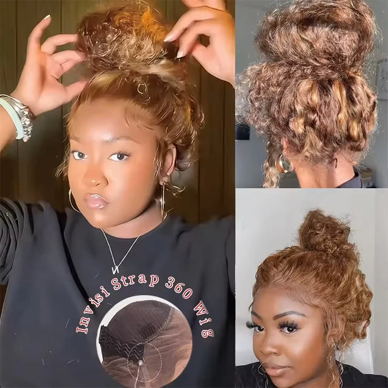 P427 Honey Blonde 360 Full Lace Wig High Light Curly Human Hair Pre-Plucked Deep Wave Glueless Invisible Strap Lace Frontal Wig