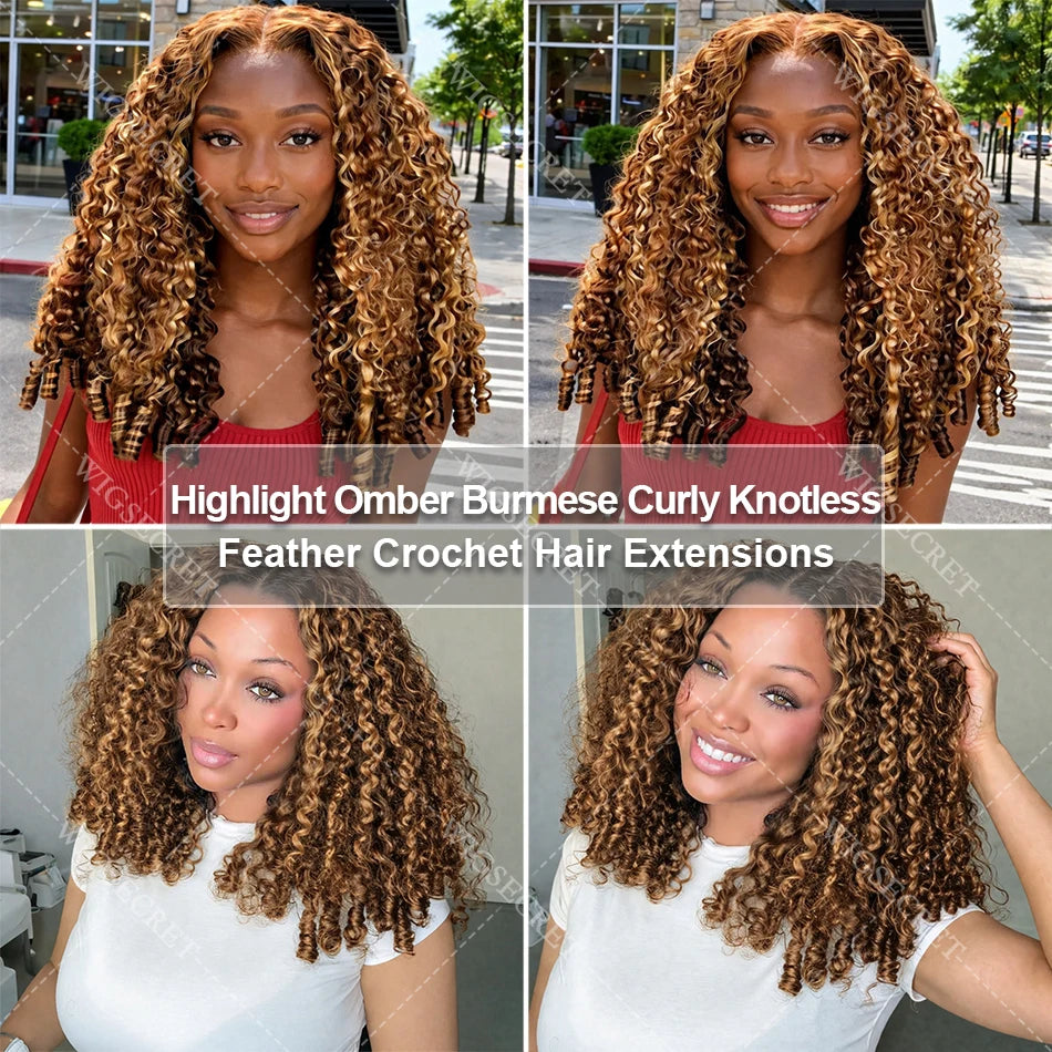 12A P4/27 Burmese Curly Human Hair Pre-Separated Knotless  Highlight Pixie Curls Feather Crochet Miracle Knots Hair Extensions