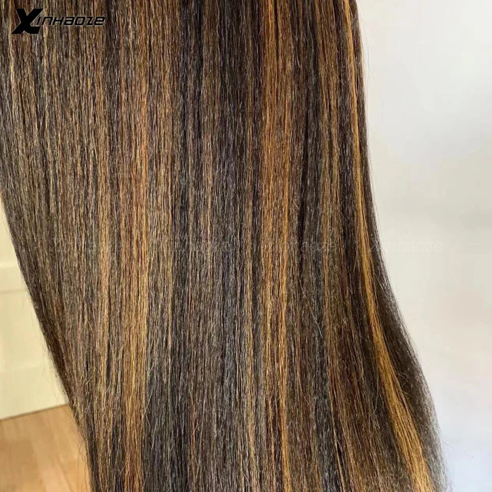 Highlight Kinky Straight Light Italian Yaki 13x6 Front Human Hair Wig Preplucked 180% Light Yaki Silk Top Human Hair Wigs