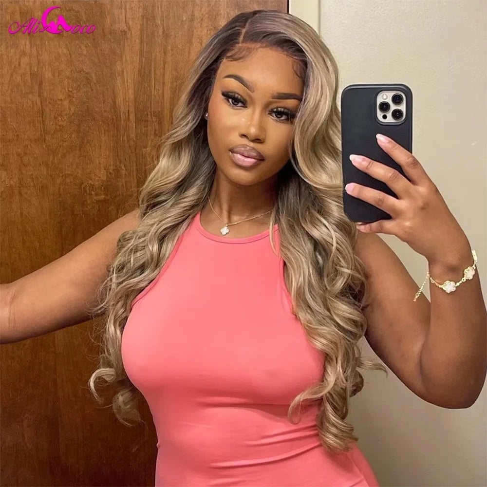 13X6 Ombre Blonde Colored Frontal Wig Human Hair for Women Transparent 13X6 Lace Front Human Hair Wig with Dark Root Pre Plucked