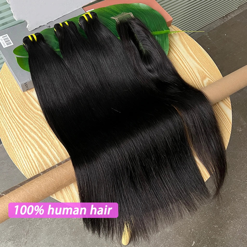 Straight Bundles With 2x6 HD Invisible Lace Closure Human Hair Natural Color Vietnamese Raw Hair Weaving Extensions For Women