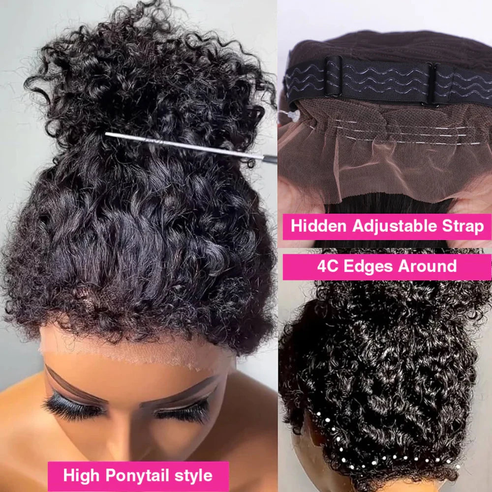 4C Kinky Edges Invisible Strap 360 HD Lace Wigs Human Hair Deep Curly 360 Full Lace Frontal Glueless Wigs with Curly Baby Hair