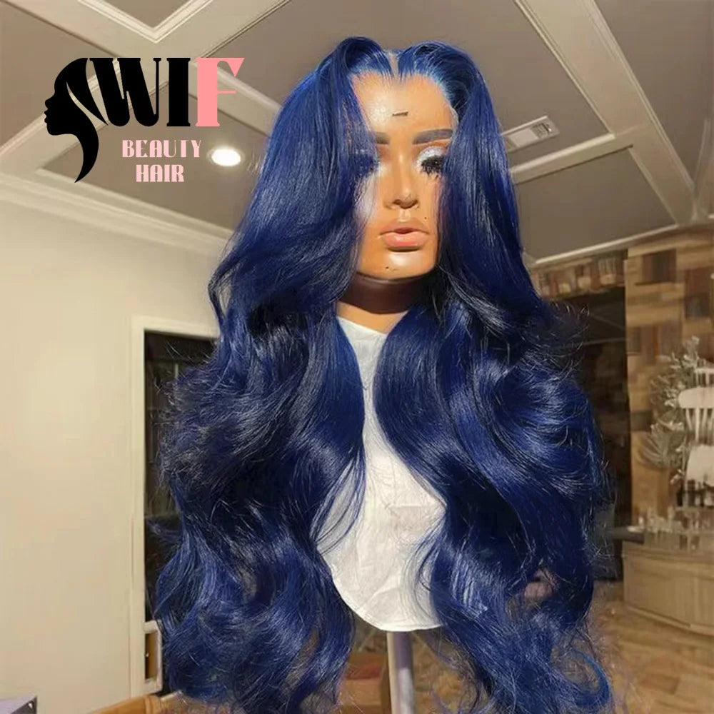 WIF Dark Blue Body Wavy Synthetic Wig Long Wavy Hair Women Cosplay Natural Hairline Lace Front Wigs Heat Fiber Blue Wigs