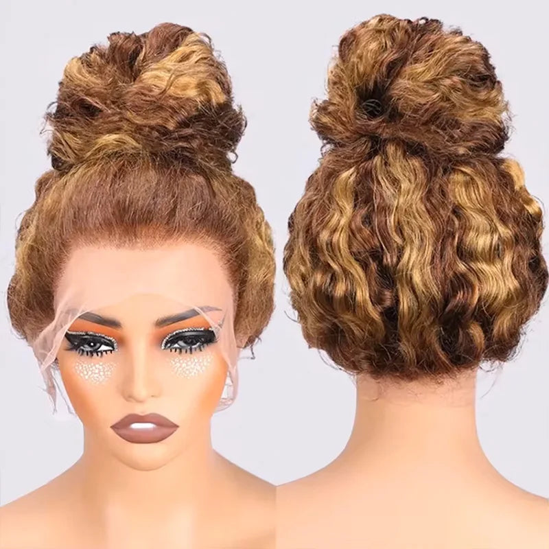 P427 Honey Blonde 360 Full Lace Wig High Light Curly Human Hair Pre-Plucked Deep Wave Glueless Invisible Strap Lace Frontal Wig