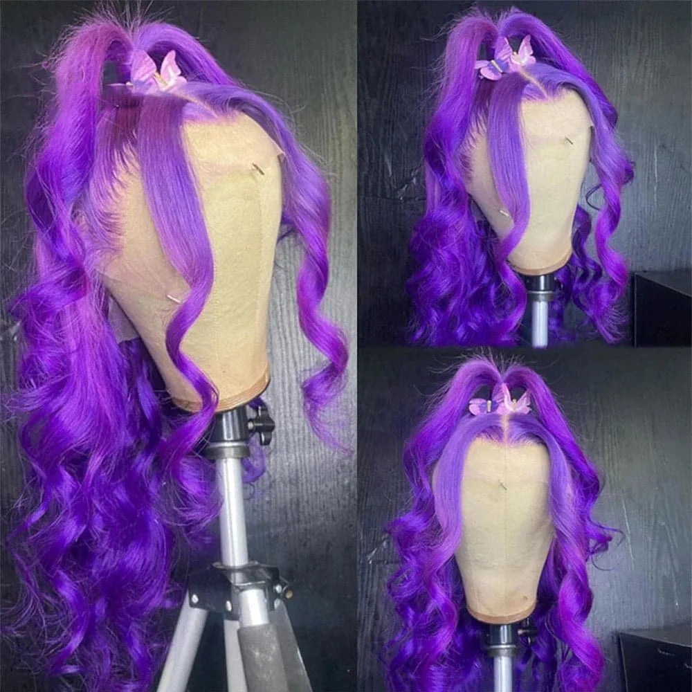Purple Wig Long Natural Curly Wavy Wig for Women Synthetic Free Part Loose Deep Wave 13X4 Colored Wigs for Daily Party Cosplay