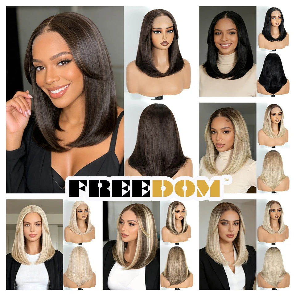 FREEDOM Synthetic Lace Front Wigs For Black Women 6X4 Pre-plucked Lace Wig 18" Bob Ombre Brown Highlight Blonde Daily Use Wig