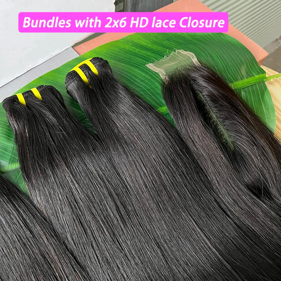 Straight Bundles With 2x6 HD Invisible Lace Closure Human Hair Natural Color Vietnamese Raw Hair Weaving Extensions For Women