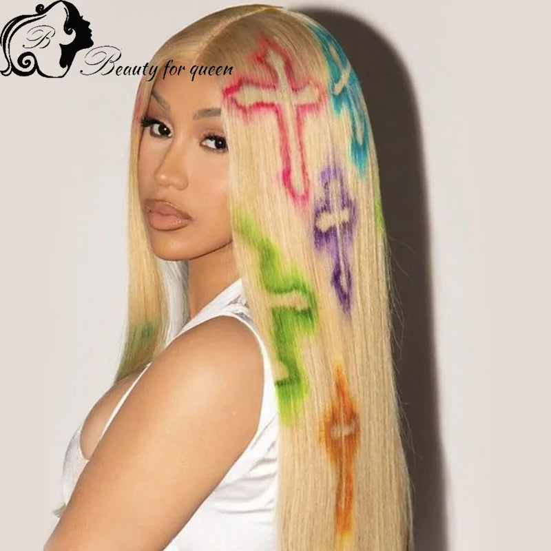 Colored Straight With Pattern High Quality Brazilian Human Hair Wig 13x4 HD Transparent Lace Frontal Wigs Pre Plucked Cosplay