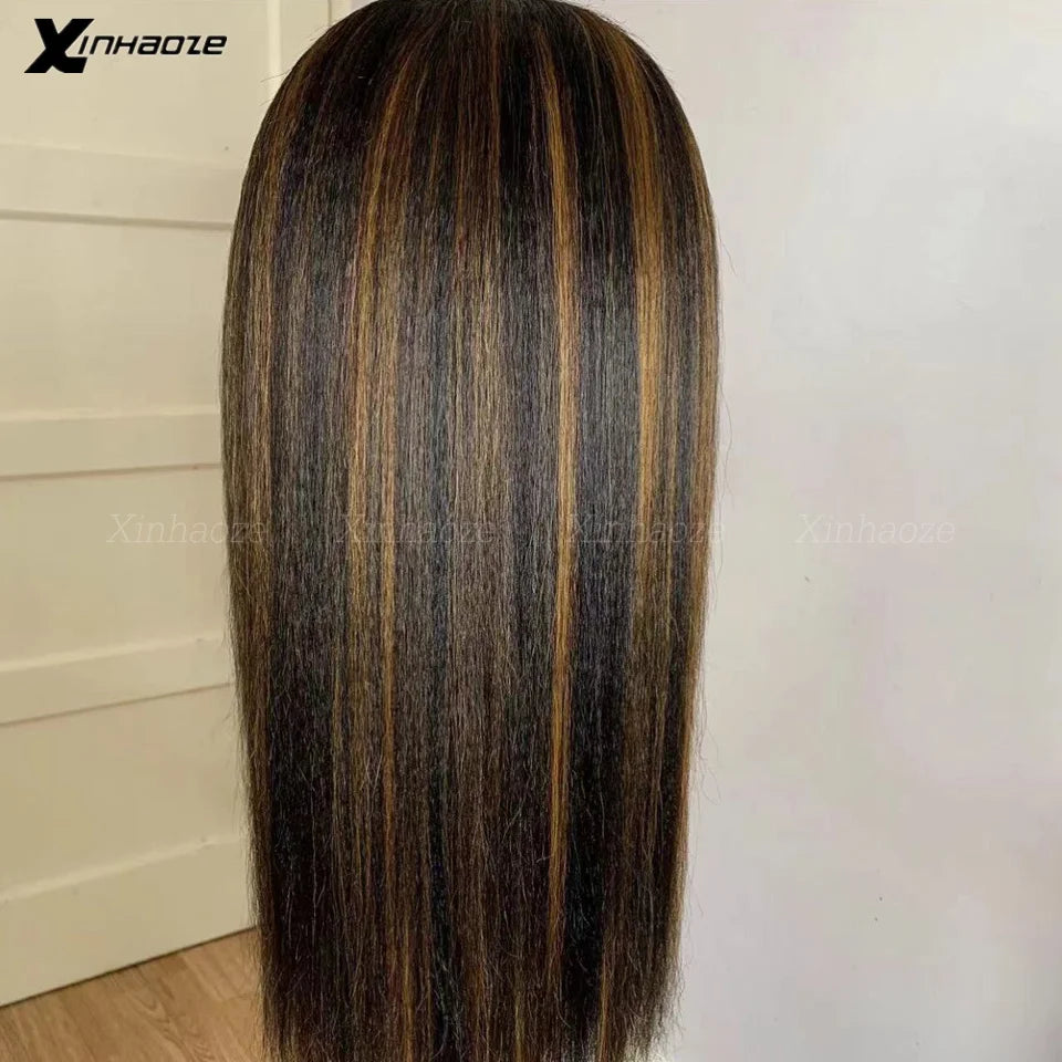 Highlight Kinky Straight Light Italian Yaki 13x6 Front Human Hair Wig Preplucked 180% Light Yaki Silk Top Human Hair Wigs