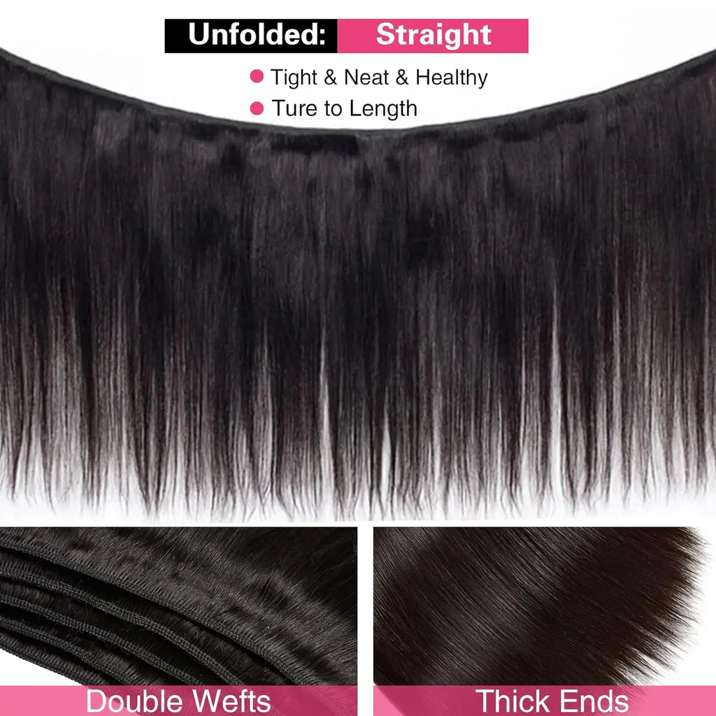 Straight Bundles and Closure Brazilian Human Hair 3 Bundles with 4x4 HD Closure Pre Plucked Natural Black Bundles with Closure