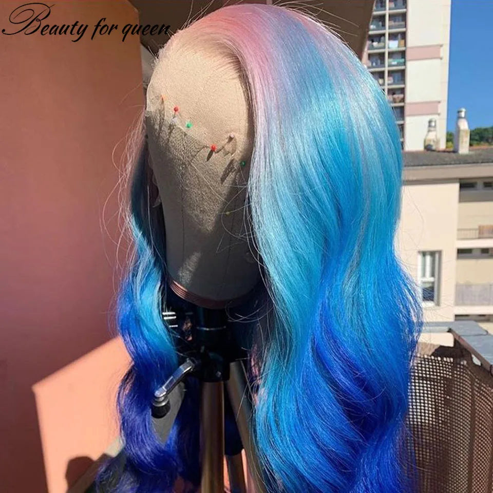 2026 Fashion Colored Blue 180% Density HD 13x4 Lace Front Wig  Glueless Wig Women Cosplay Hot Sale Good Quality Customize