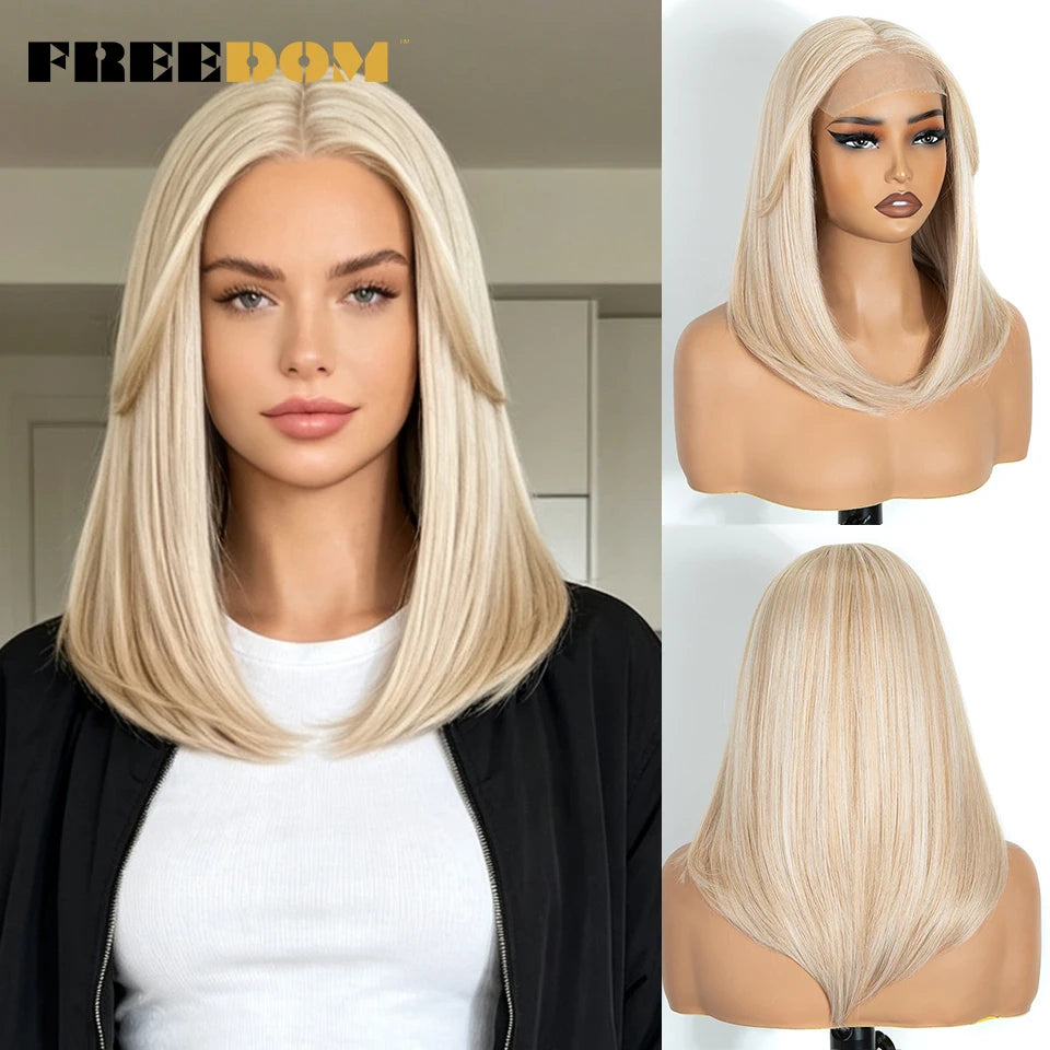 FREEDOM Synthetic Lace Front Wigs For Black Women 6X4 Pre-plucked Lace Wig 18" Bob Ombre Brown Highlight Blonde Daily Use Wig