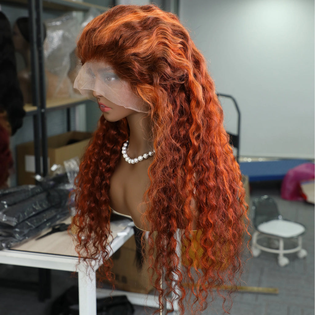 Water Wave 4/350 Highlight 13x6 HD Lace Frontal Human Hair Wigs Brazilian Ginger Orange Brown Piano Colored Human Hair Wigs 200%