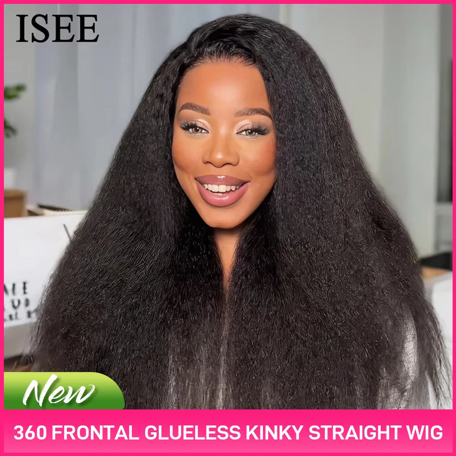 ISEE Hair  360 Glueless Kinky Straight  Wig Pre-Cut Lace InvisiFit Strap Mongolian Kinky Straight Wear Go Wig With Invisi Draw-s