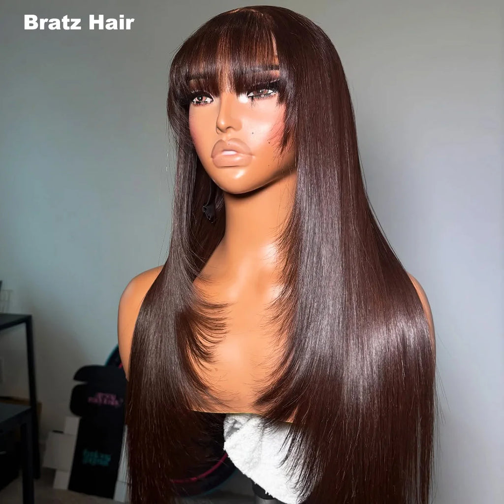 Layered Cut Chocolate Brown 4x4 5x5 Lace Closure Straight Fringe Wigs Human Hair 13x6 13x4 Lace Front Glueless Wigs with Bangs